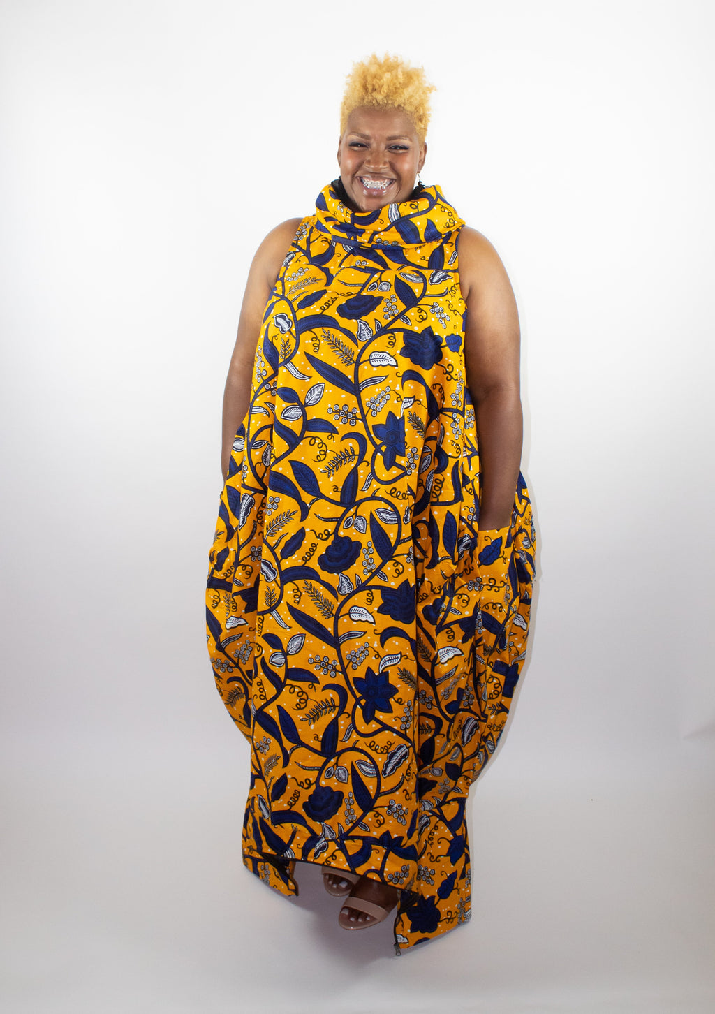 Sleeveless Gold Jumpsuit with royal blue vine print