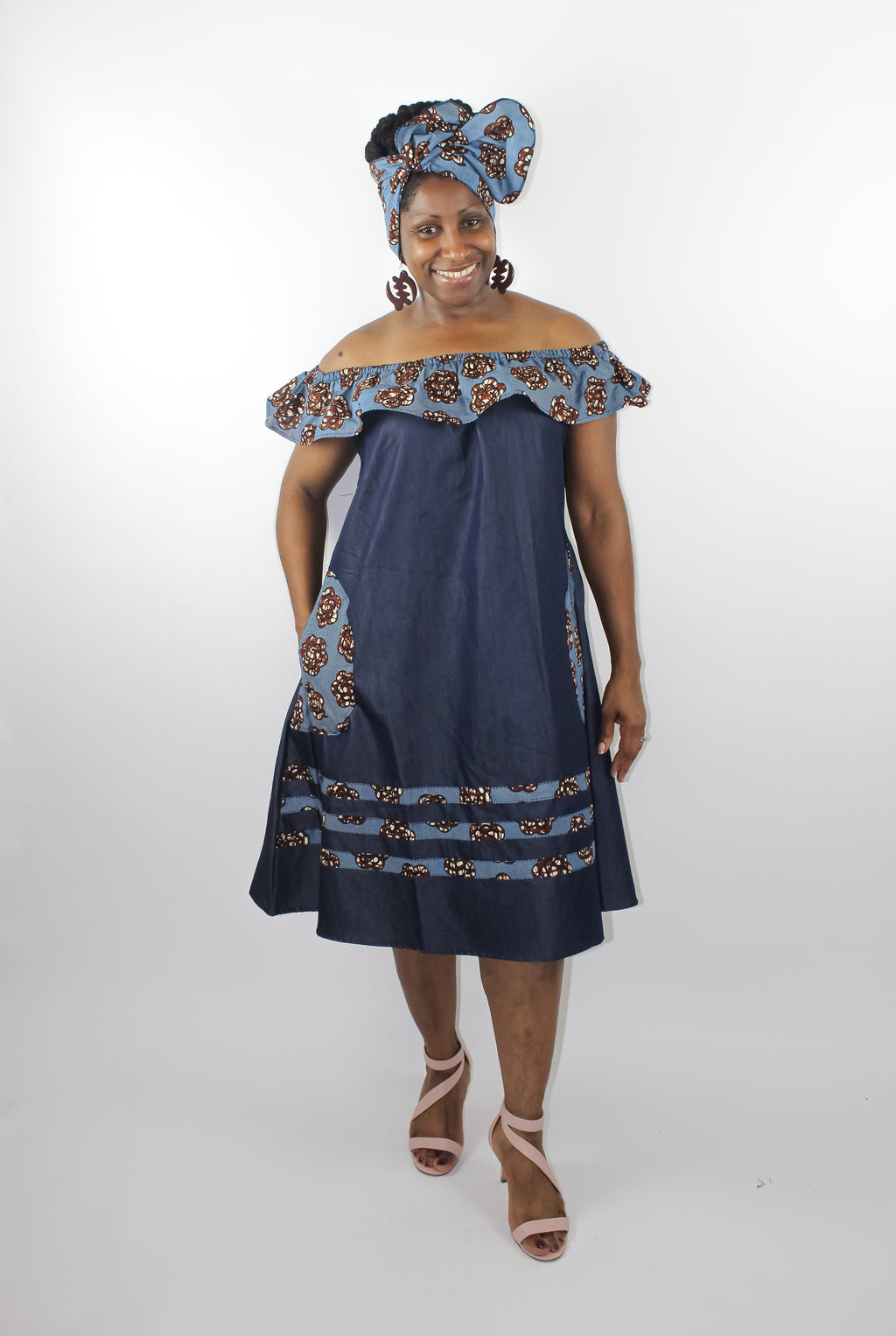 Denim & african print off the shoulder dress with matching head wrap