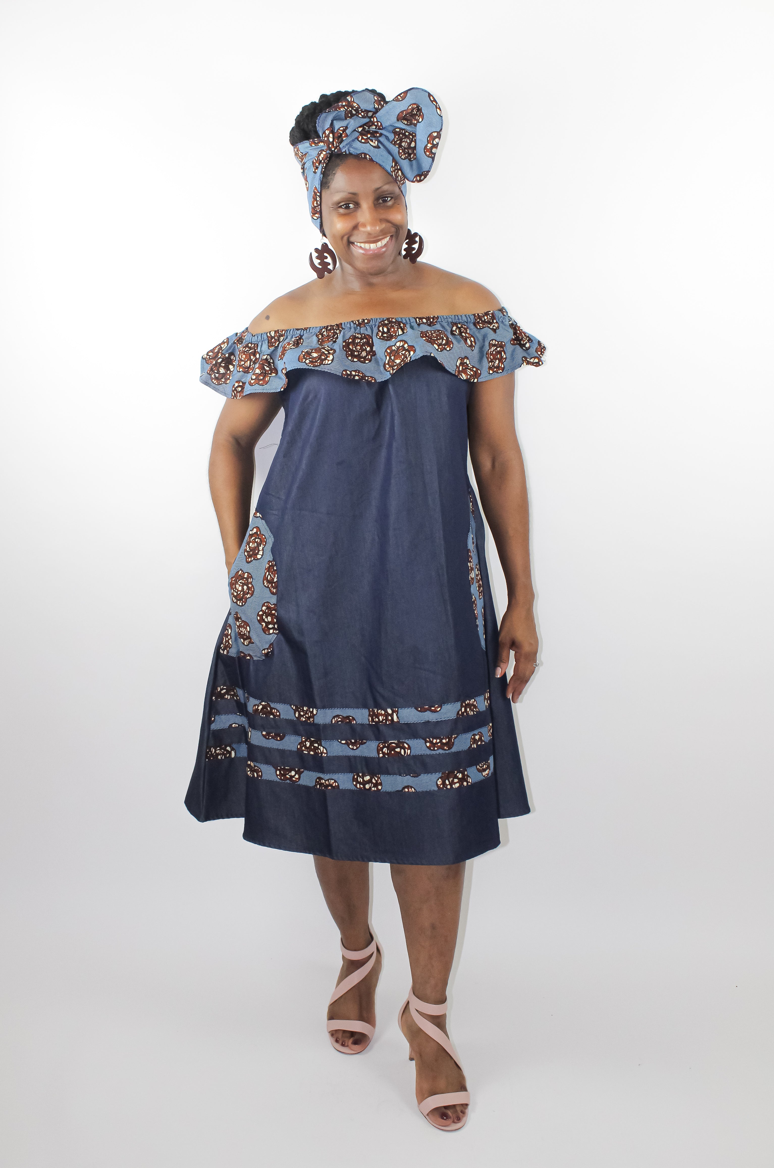 Denim & african print off the shoulder dress with matching head wrap
