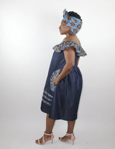 Denim & african print off the shoulder dress with matching head wrap