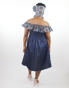 Back of Denim & african print off the shoulder dress with matching head wrap