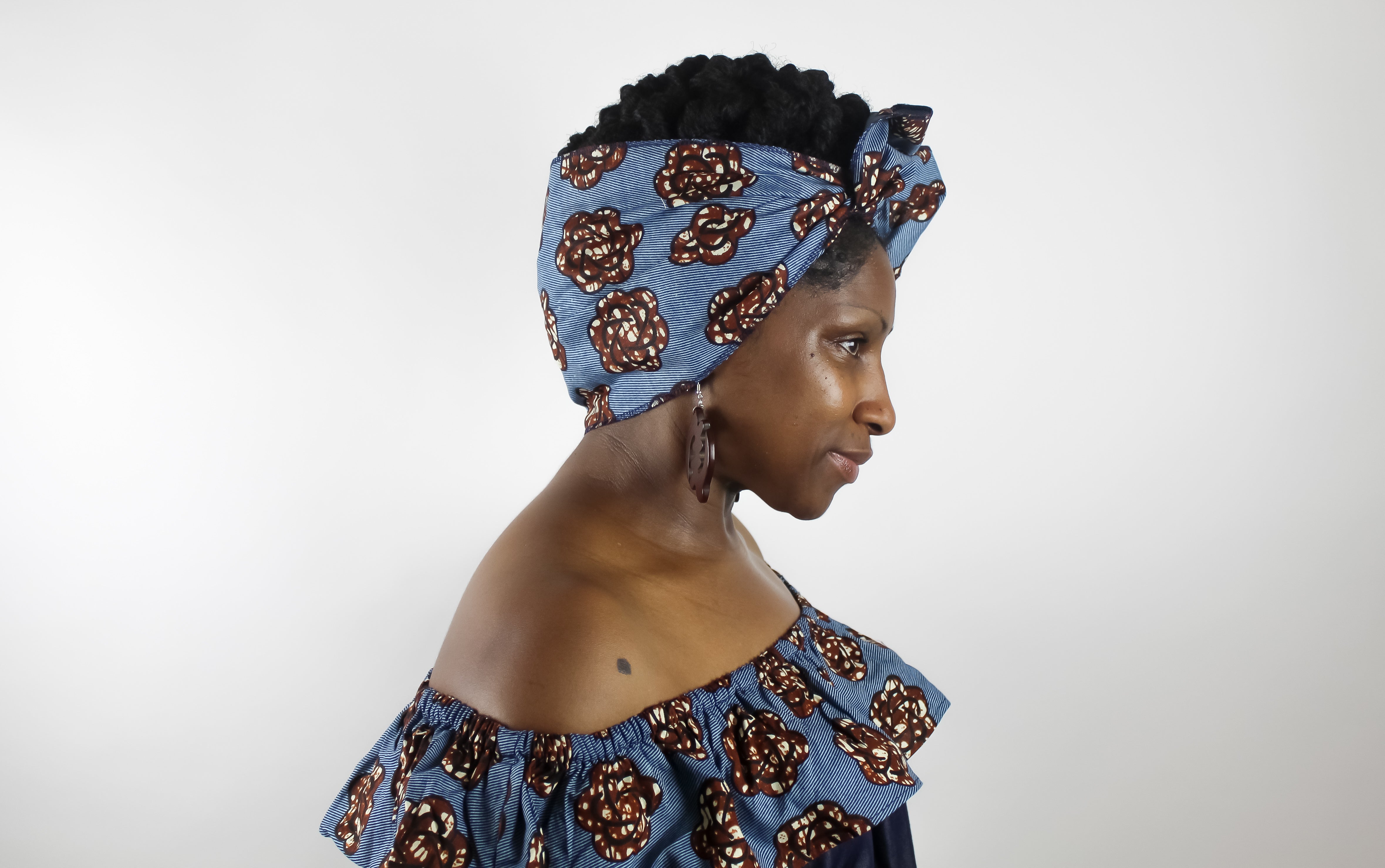 Off the Shoulder Denim Dress with Ankara Print
