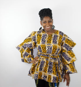 Gold & Lavendar Batic Ruffle Sleeve Top