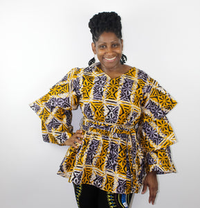 Gold & Lavendar Batic Ruffle Sleeve Top