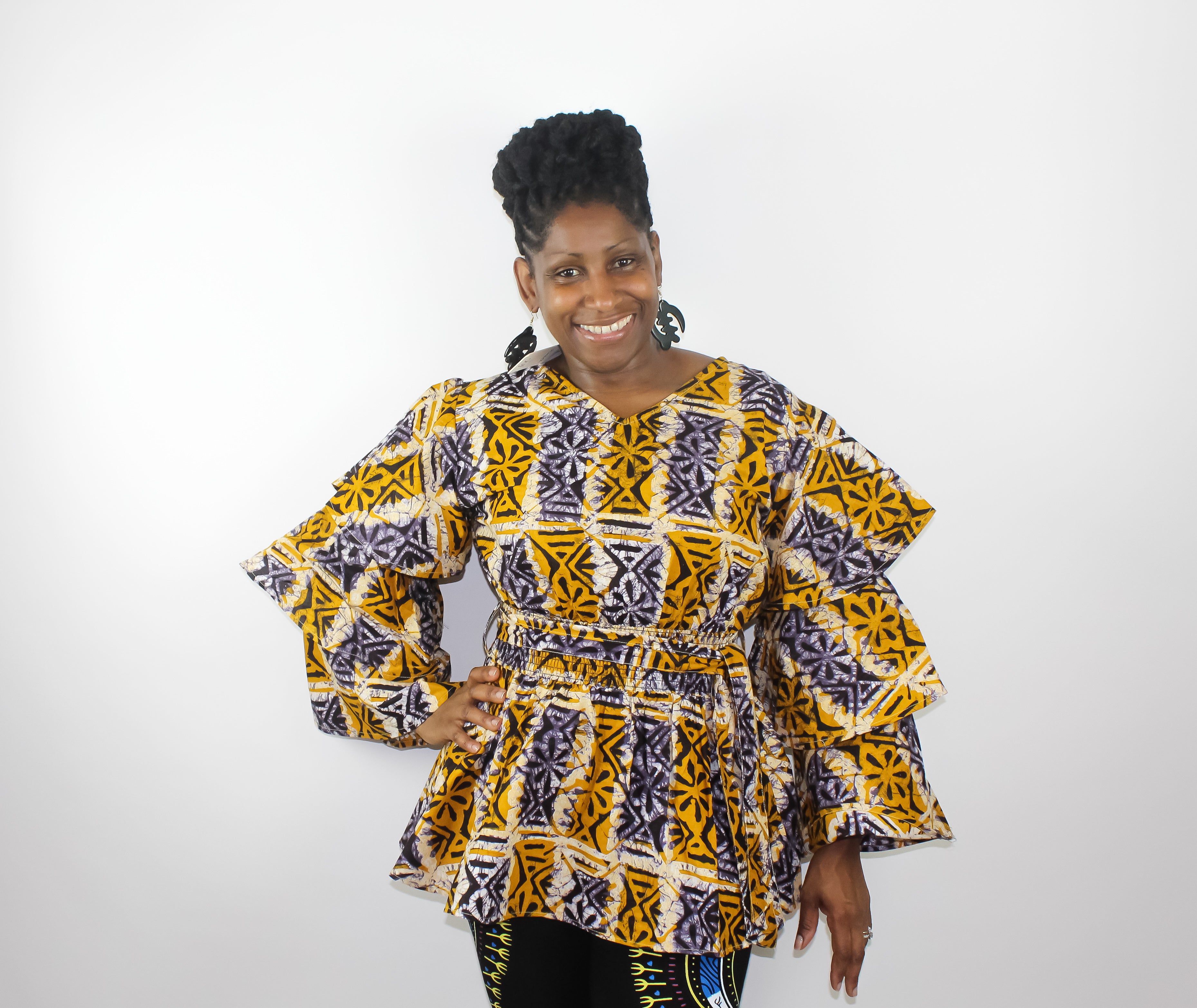 Gold & Lavendar Batic Ruffle Sleeve Top