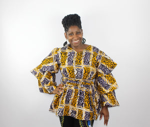 Gold & Lavendar Batic Ruffle Sleeve Top
