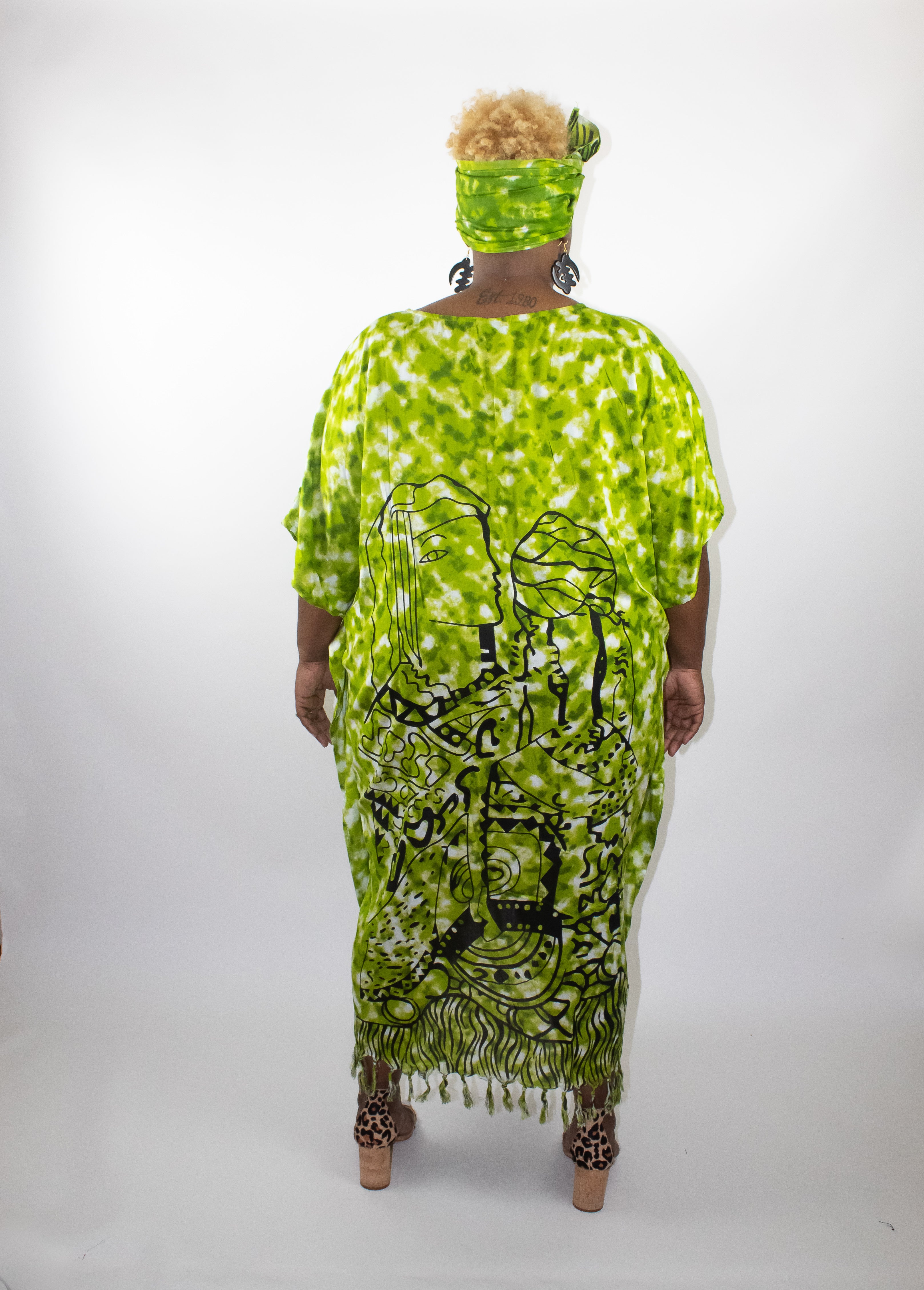 African caftan Dress   - Black & Lime.