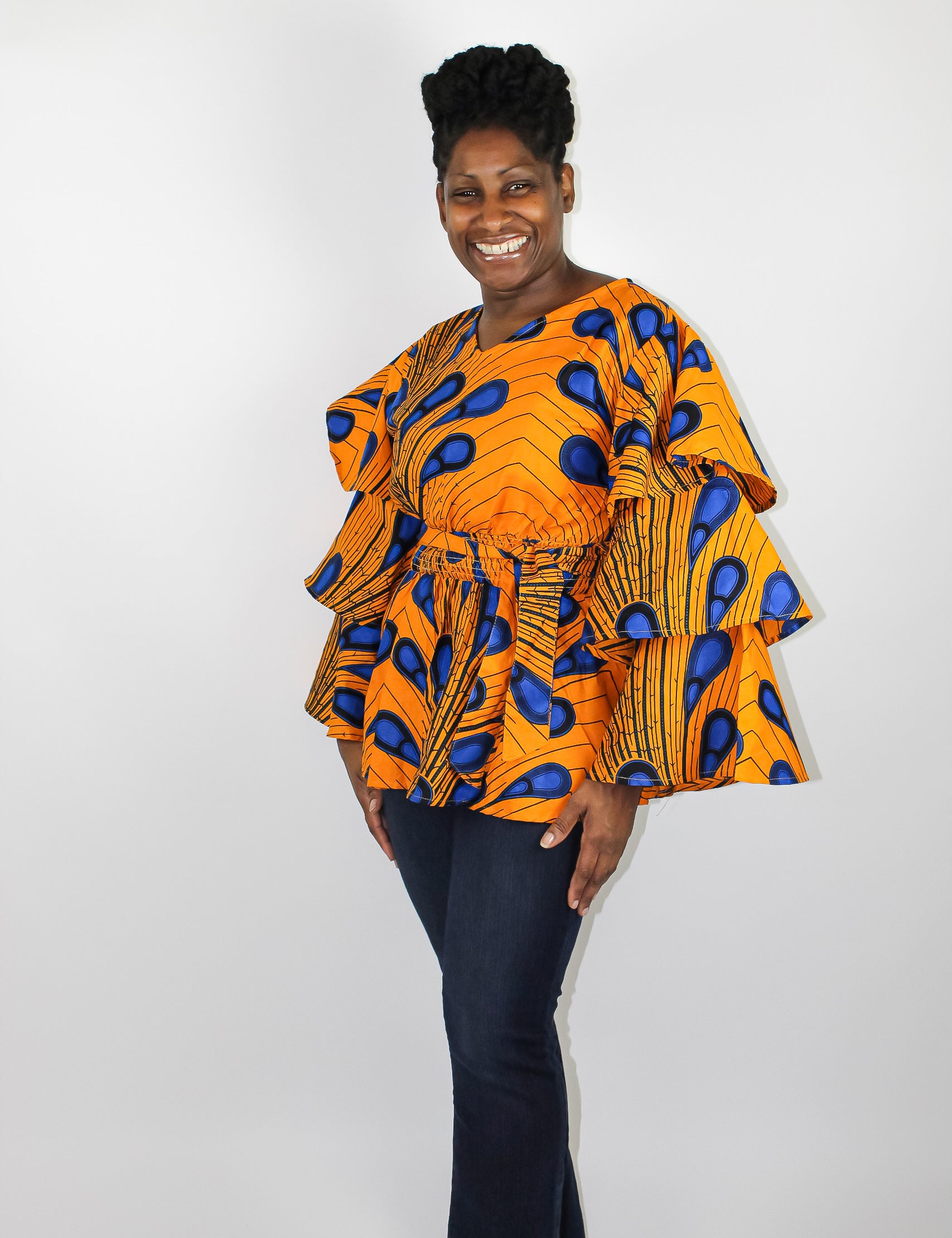 Marigold & Blue Ruffle Sleeve peacock Top