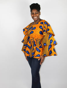 Marigold & Blue Ruffle Sleeve peacock Top