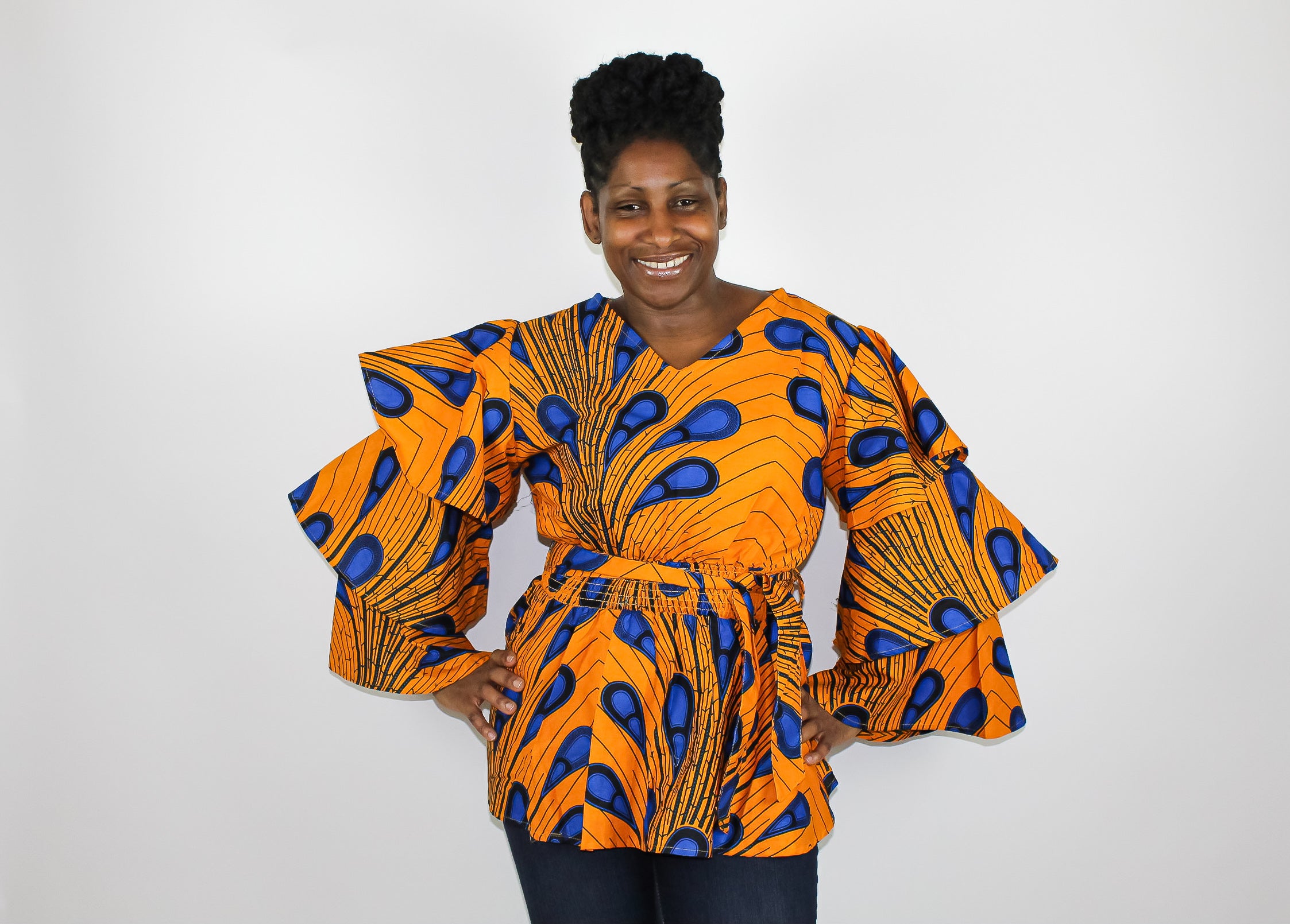 Marigold & Blue Ruffle Sleeve peacock Top