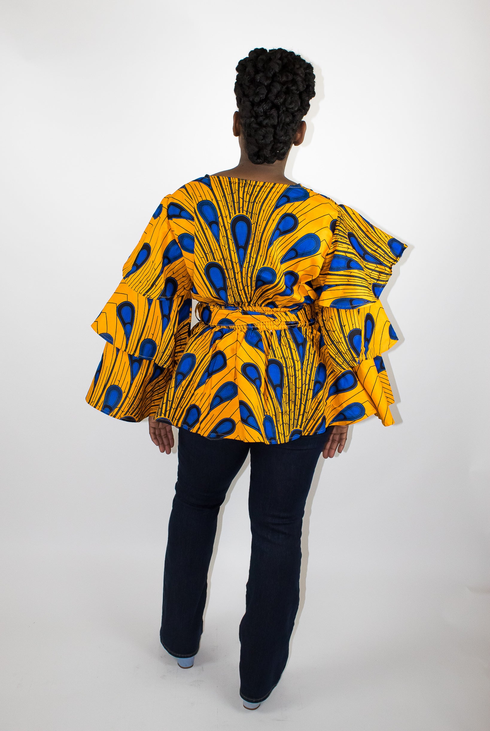 Marigold & Blue Ruffle Sleeve peacock Top