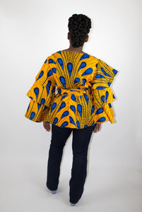 Marigold & Blue Ruffle Sleeve peacock Top