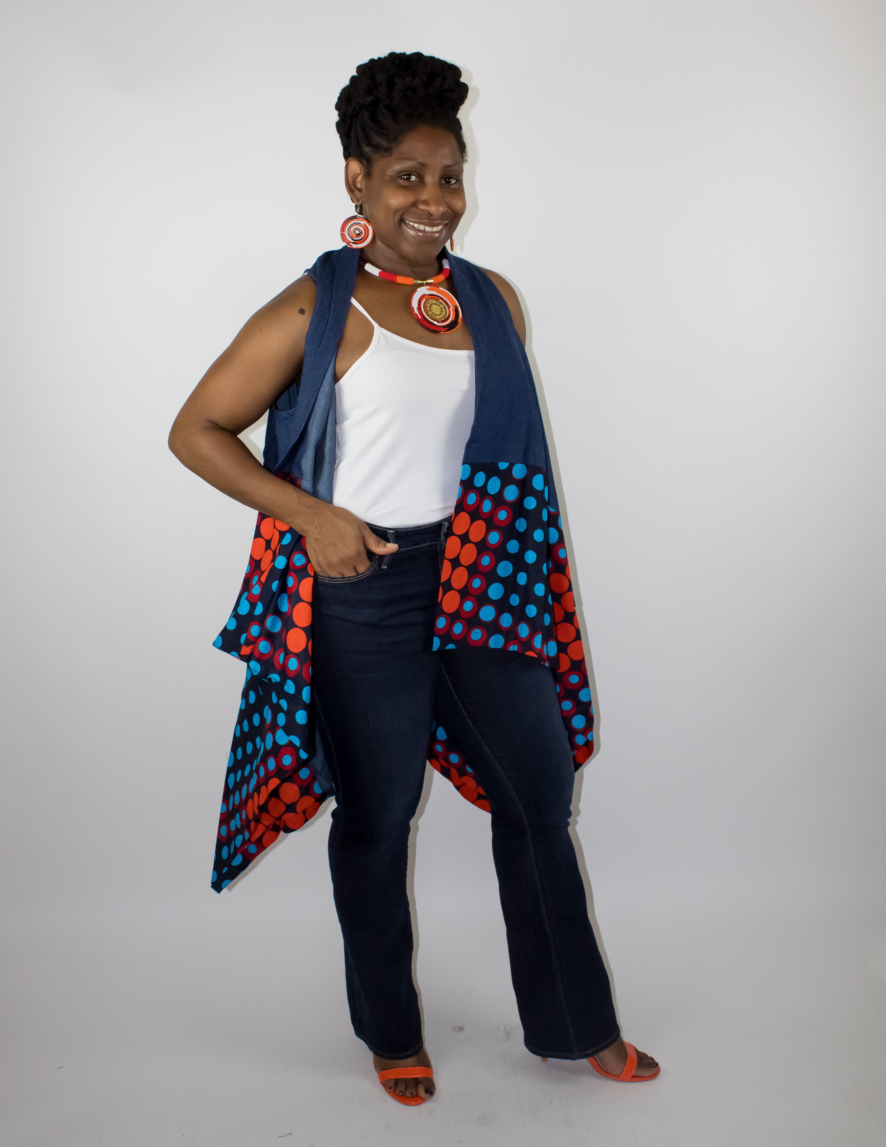 African Print polka dots And Denim Vest