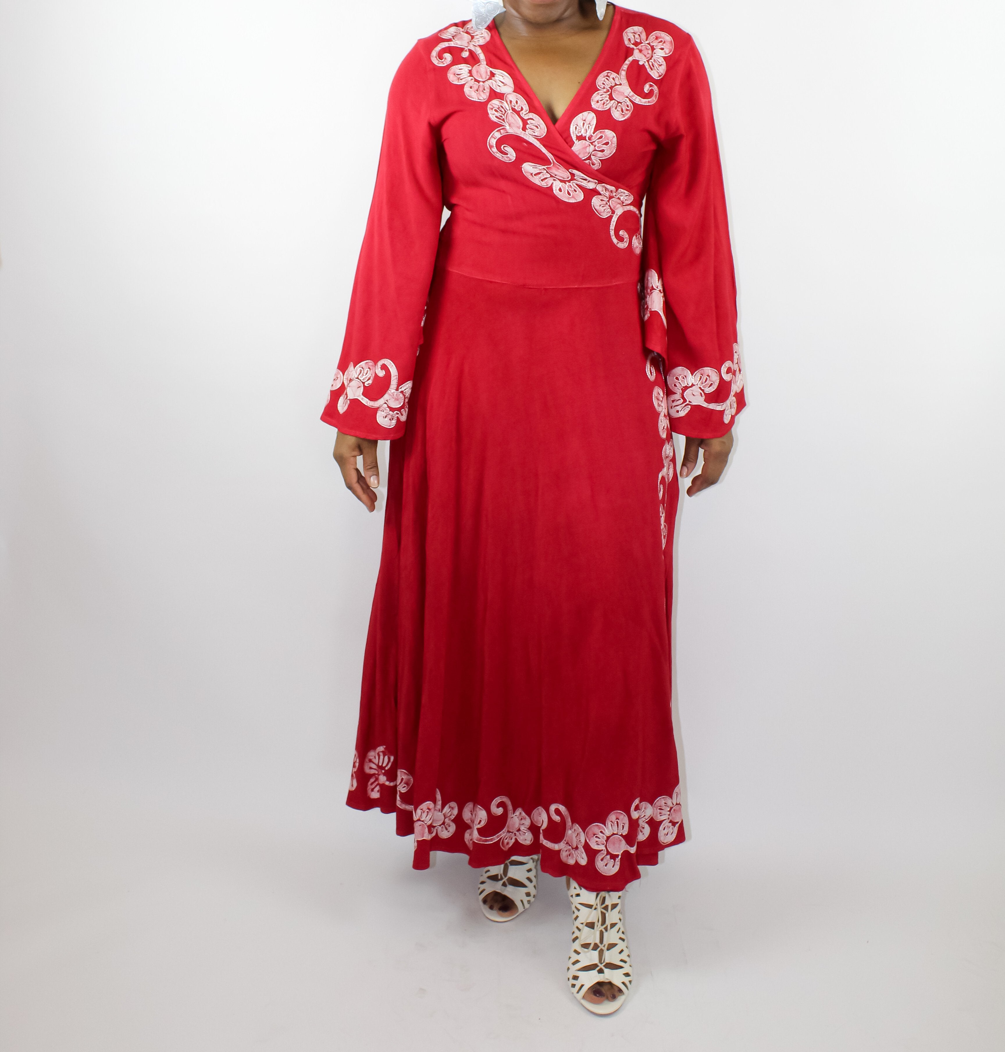 Long Red Wrap Dress with white embroidery detail long sleeves