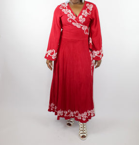 Long Red Wrap Dress with white embroidery detail long sleeves