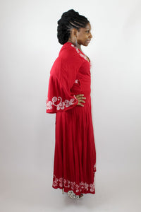 Long Red Wrap Dress with white embroidery detail long sleeves