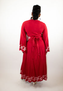 Long Red Wrap Dress with white embroidery detail long sleeves