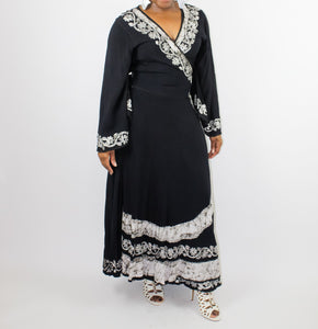 Long Black Wrap Dress with white embroidery detail long sleeves