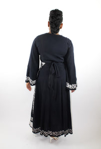 Long Black Wrap Dress with white embroidery detail long sleeves