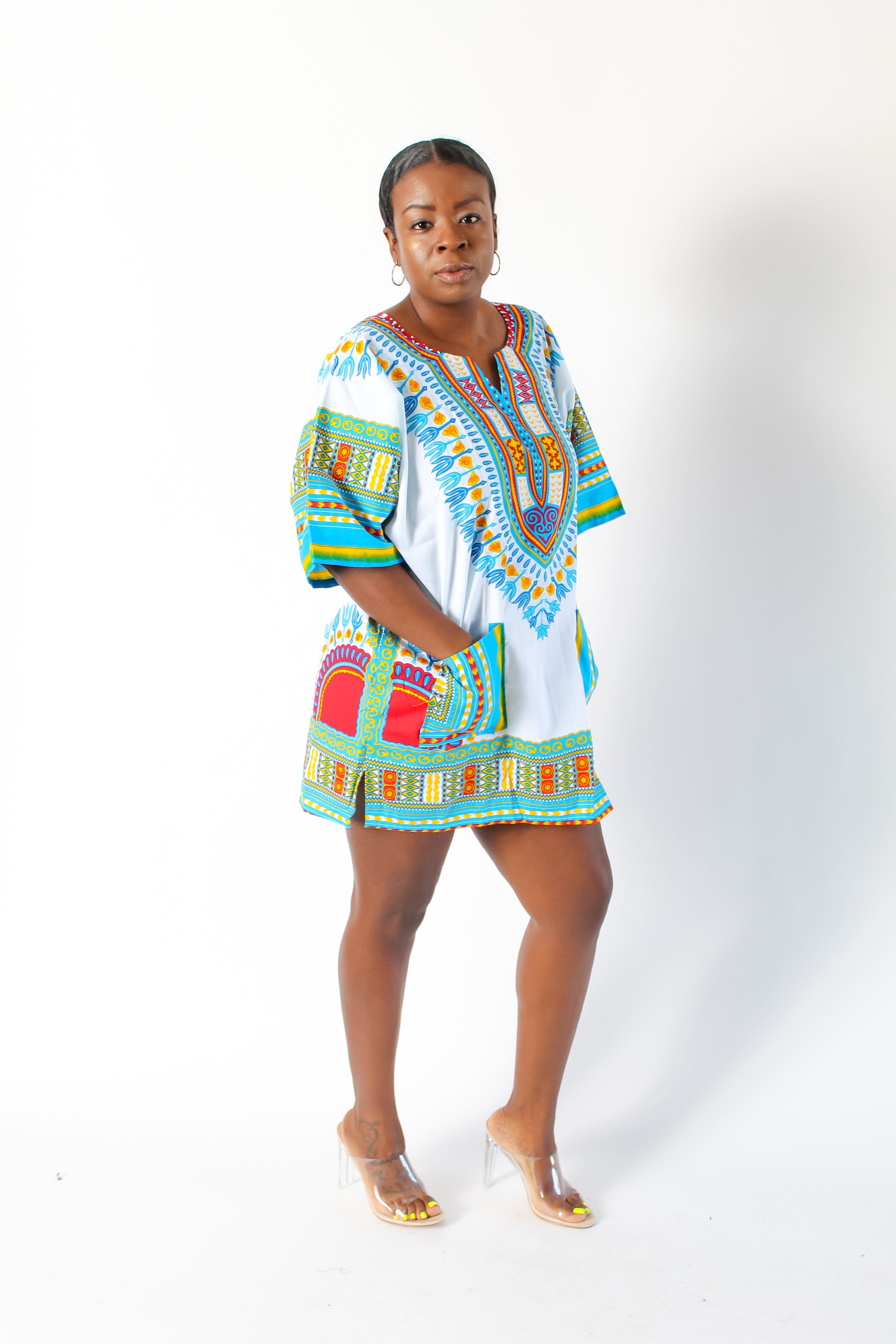 White & Light Blue Dashiki with Pockets