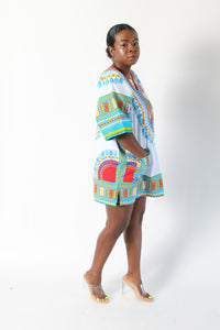 White & Light Blue Dashiki with Pockets