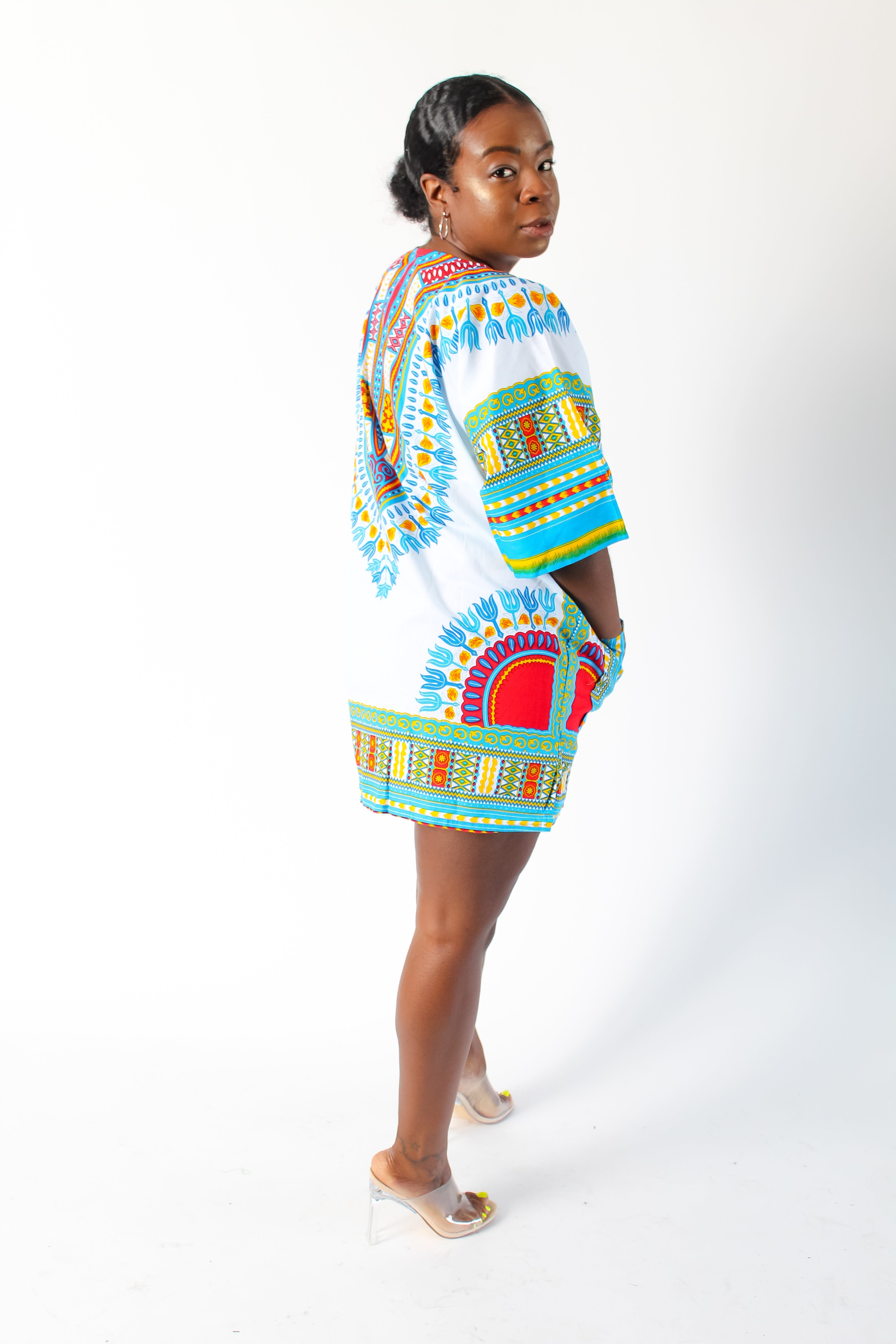 White & Light Blue Dashiki with Pockets