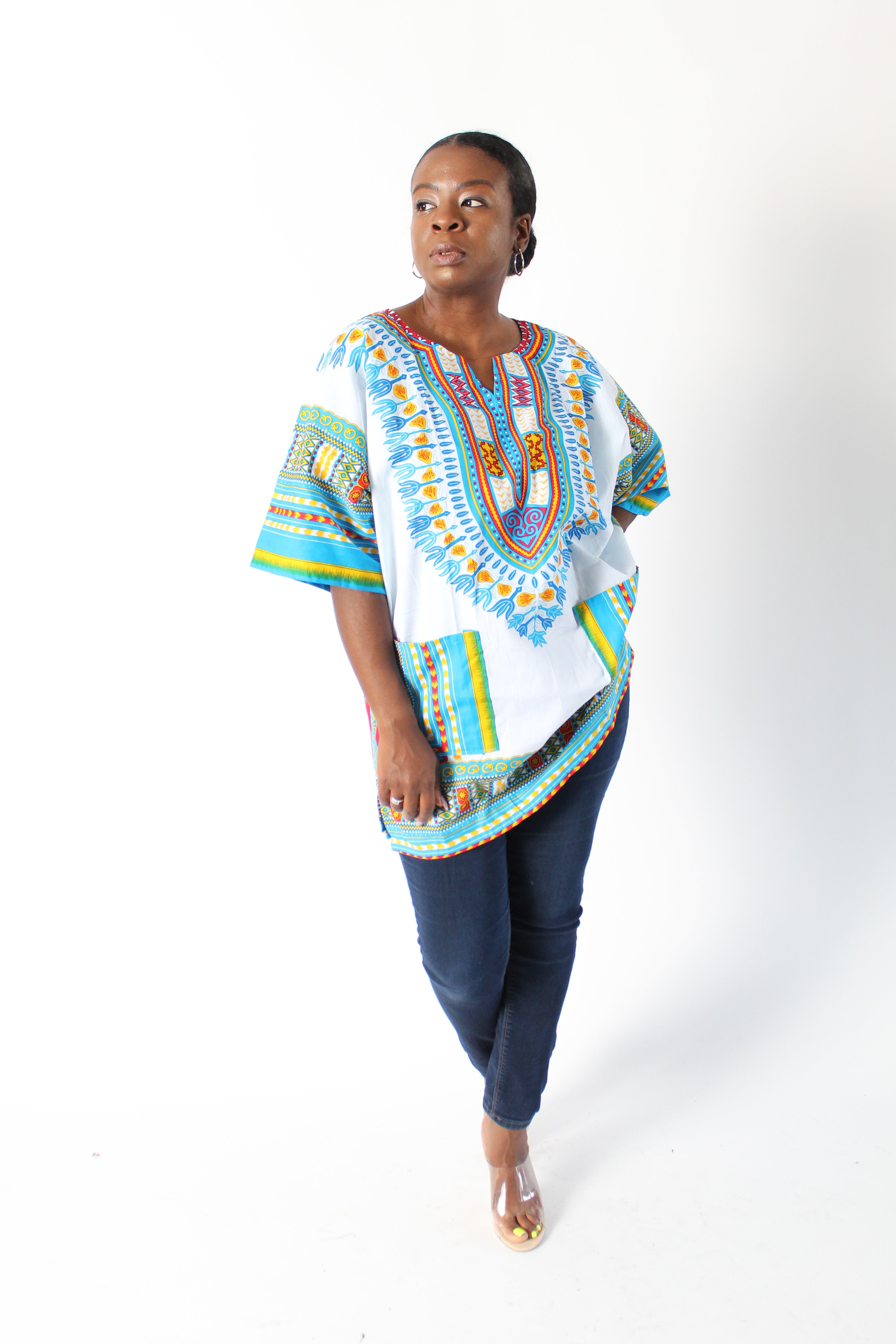 White & Light Blue Dashiki with Pockets
