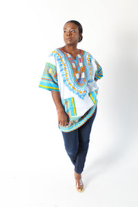 White & Light Blue Dashiki with Pockets