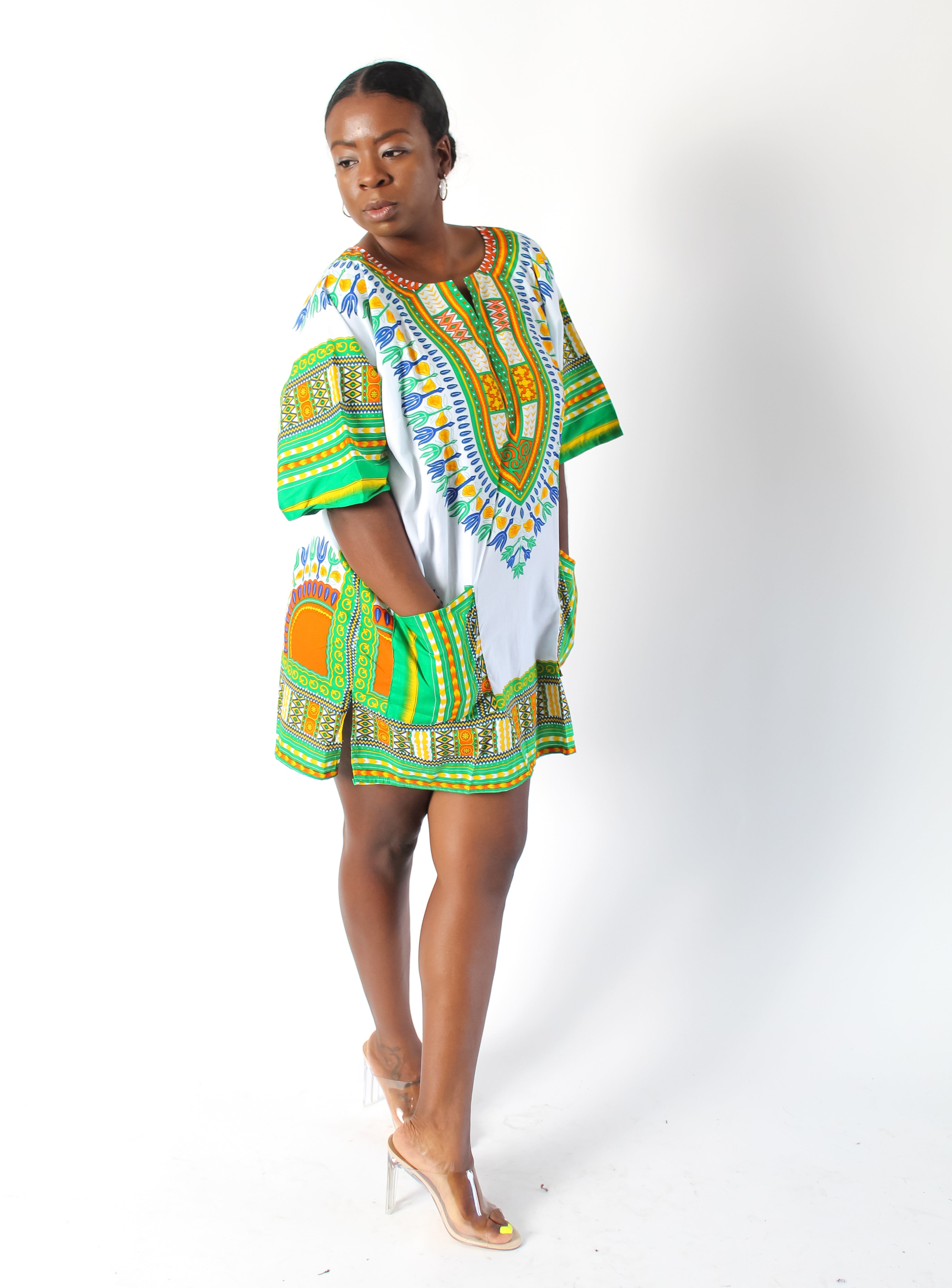 White & Lime Dashiki w/ Pockets