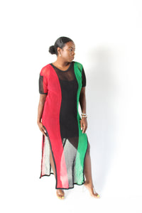 Long Mesh dress with short sleeves red black and green vertical stripes
