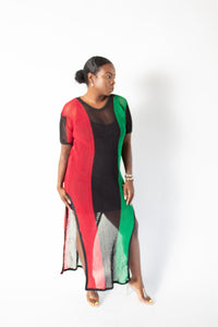 Long Mesh dress with short sleeves red black and green vertical stripes