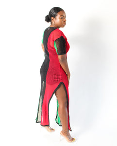 Long Mesh dress with short sleeves red black and green vertical stripes