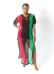 Long Mesh dress with short sleeves red black and green vertical stripes