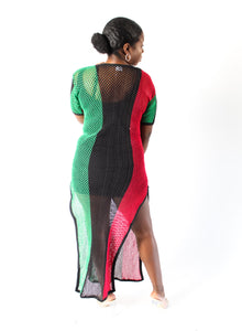 Long Mesh dress with short sleeves red black and green vertical stripes