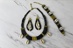 Leather Cowry Shell And Blace 3PC Set